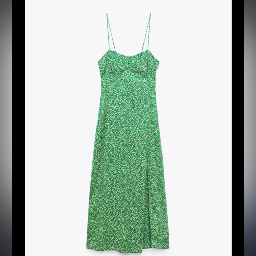 Zara Women’s Green Animal Print Long Maxi Summer Dress Sun Dress size S - Picture 2 of 4